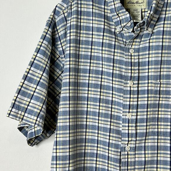 Eddie Bauer Short Sleeve Plaid Button Front Shirt White Blue Yellow Mens Large - Picture 5 of 9